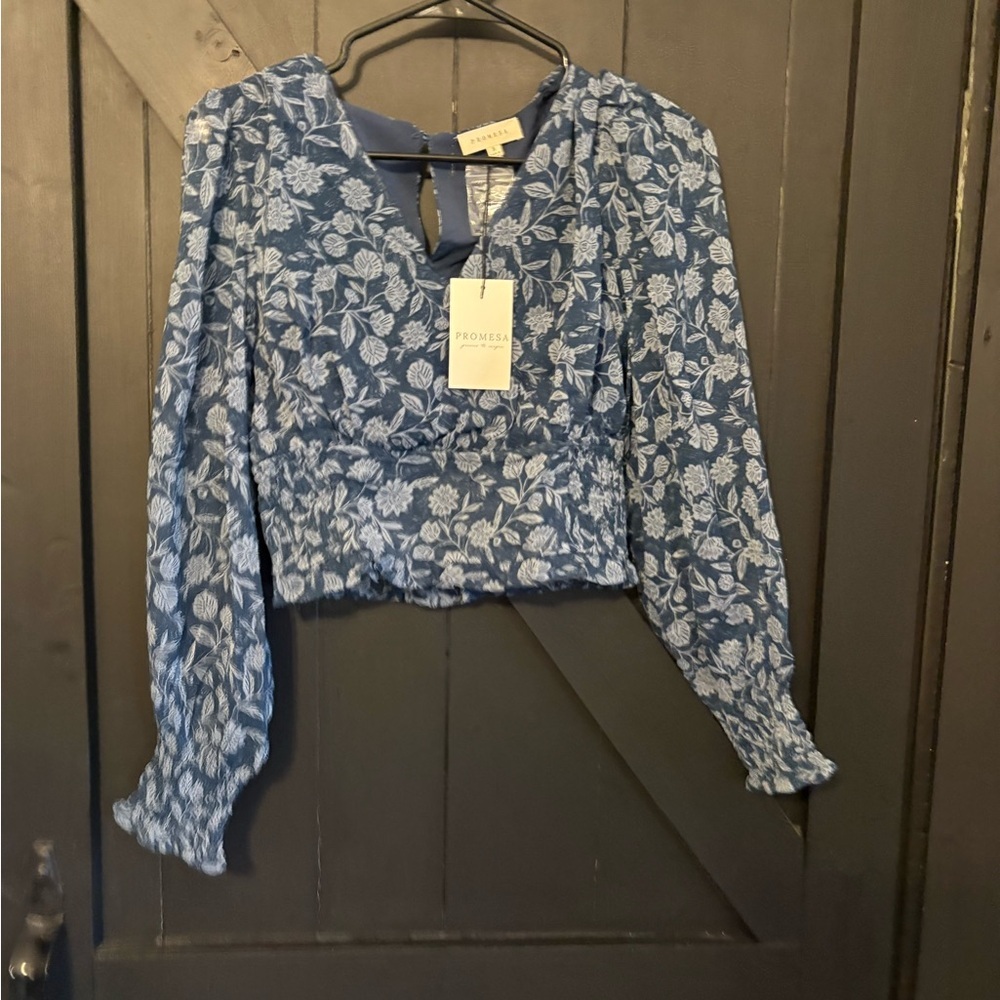 Promesa Blue Floral Smocked-Waist V-Neck Peasant Blouse